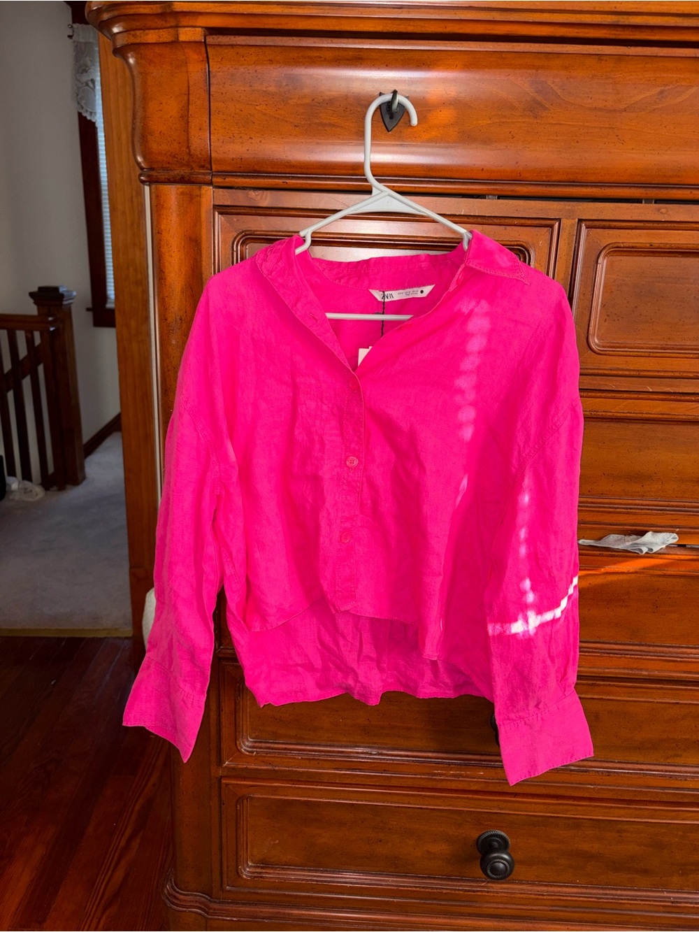 Zara Linen Collection Hot Pink Linen Popover Blouse NWT Size Medium